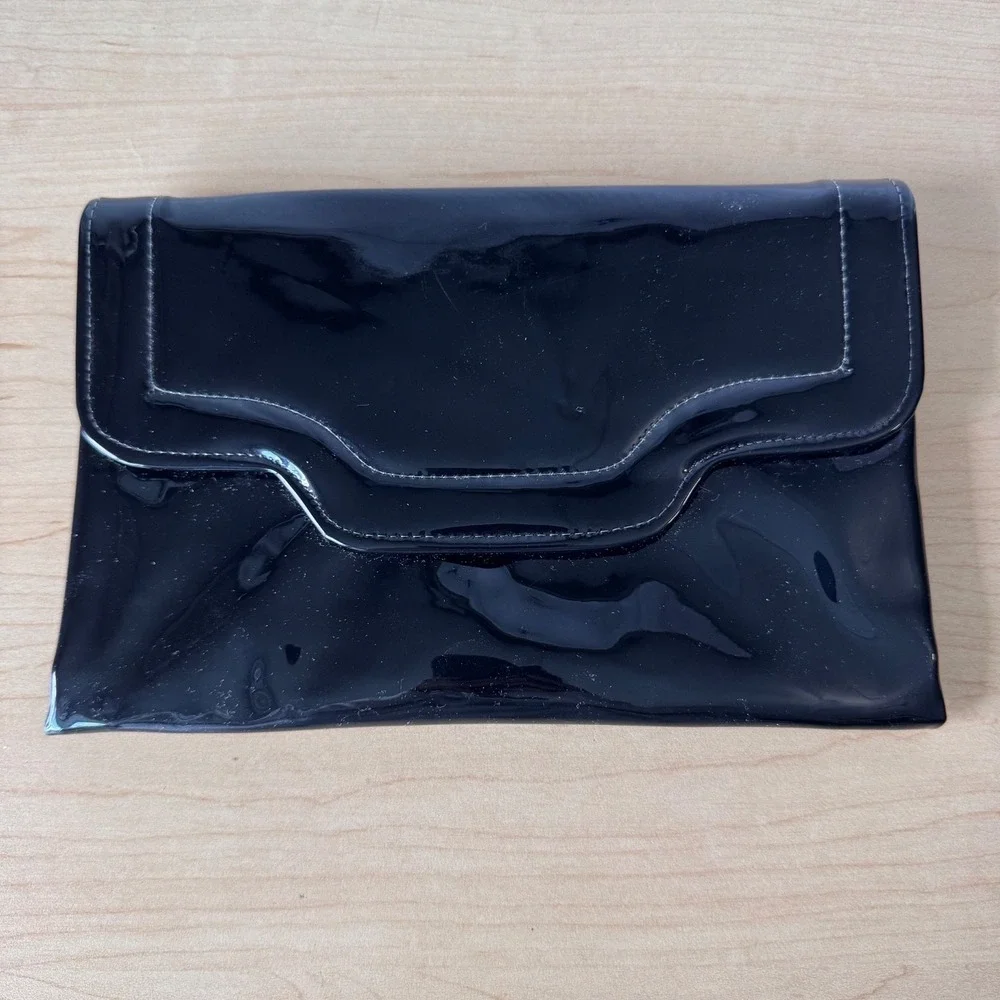 Vintage Black Glossy Patent Leather Clutch w/ Strap & Asymmetric Flap & Mirror